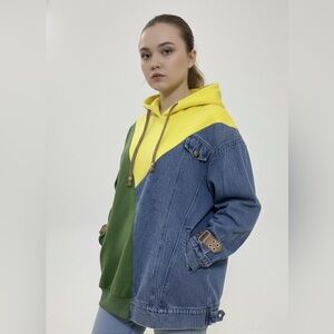 New Colorblock Hoodie with Denim and Buckle Details